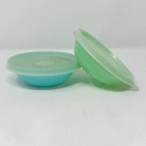 Vintage Tupperware Snack Cups  #154 with #215 Lids Pastel Blue Pastel Green 80s